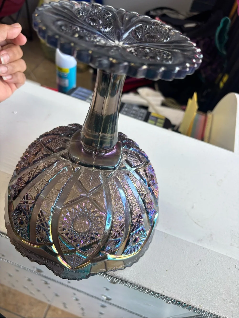 Iridescent Purple Glass Compote Pedestal Vase - Decorative Centerpiece